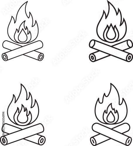 A set of four identical campfire illustrations in line art style