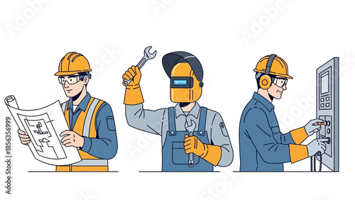 Three industrial workers in safety gear performing various tasks with tools and equipment in an industrial setting.