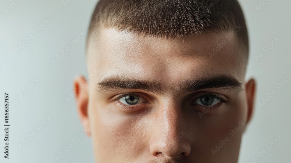 Fototapeta premium A close-up of a young man's face, with a neutral expression, set against a plain white background.