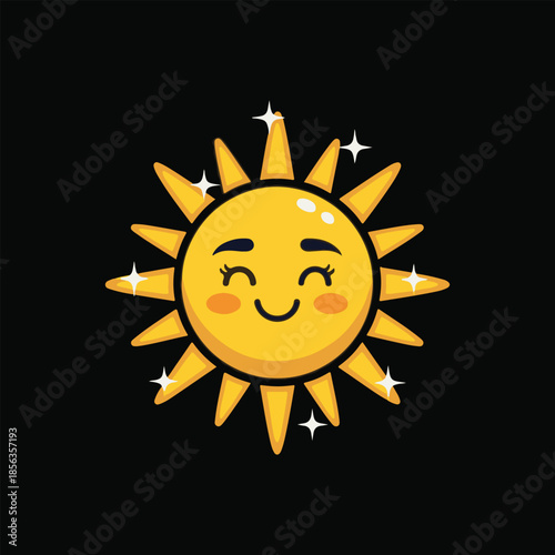cartoon sun character with cheerful smiling face, rosy cheeks, perfect curved eyebrows, and 12 radiating sun rays featuring gradient shine effects; versatile vector mascot available in layered