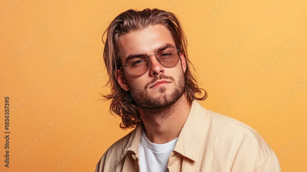 Fototapeta premium A man with long hair and a beard, wearing sunglasses, against a yellow background.