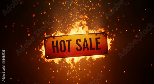 Fiery sign announces a hot sale with glowing embers and dynamic flames.