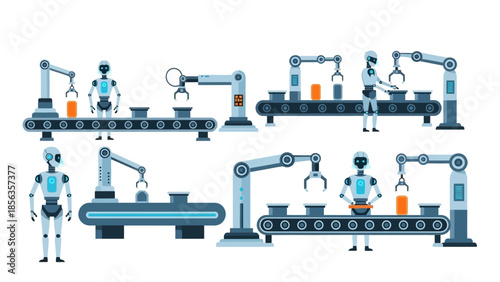 Illustration of industrial robots and automated machinery in various stages of assembly and manufacturing on a clean white background with a futuristic and technological mood.