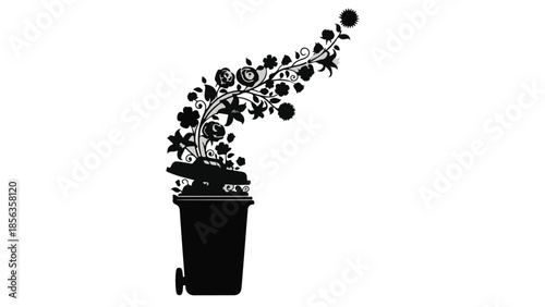 Black garbage bin with flourishing floral growth emerging from its opening, symbolizing rebirth and nature's resilience.