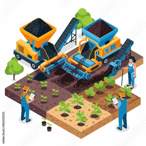 Isometric view of agricultural machinery and farmers working in a field.