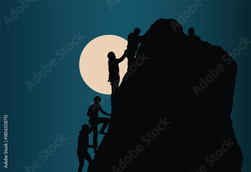 A group of people climbing a steep rocky mountain at night with a full moon behind them silhouette