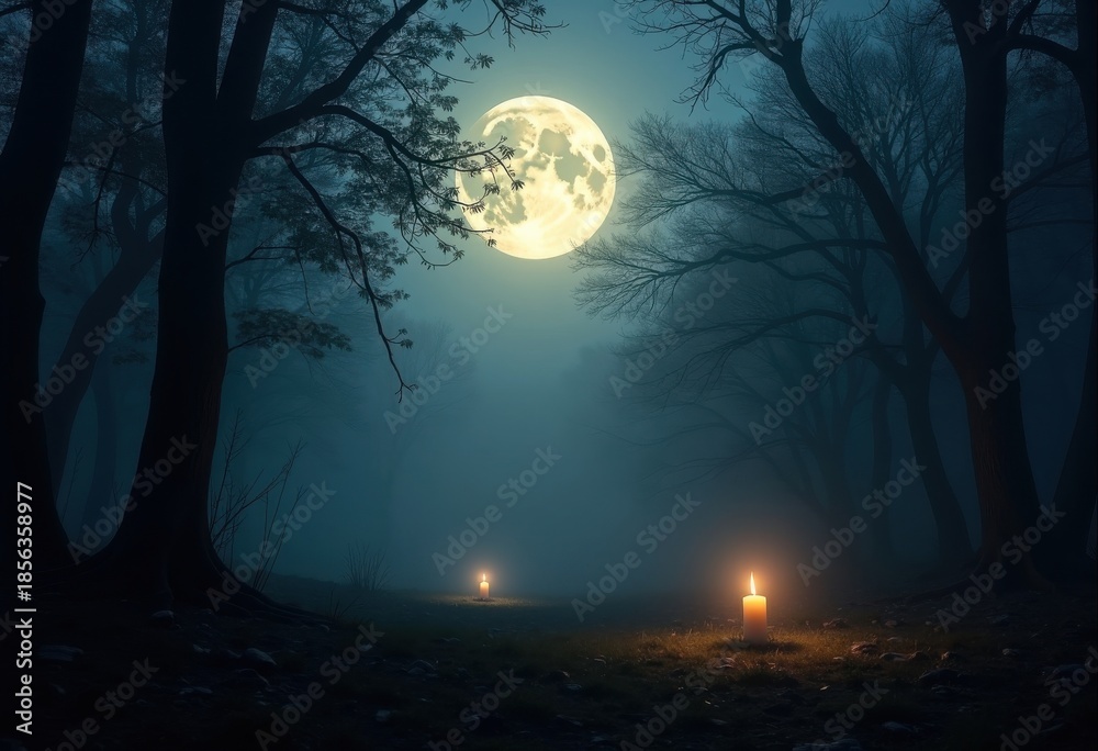 Fototapeta premium Enchanting Full Moon Over Misty Forest Silhouettes Nighttime Wonder Atmosphere Spooky Shadows