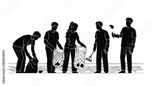 Diverse group of volunteers cleaning up a river, promoting environmental conservation and community action.