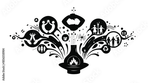 Whimsical illustration of family, nature, and community symbols bursting from a stylized hearth