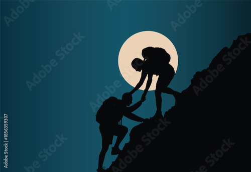 Two people in silhouette helping each other climb a mountain with a full moon in the background silhouette