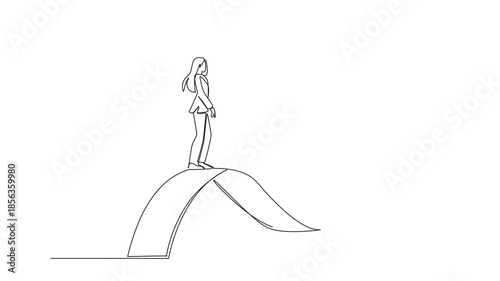 Self drawing animation of woman on a winding ascending arrow path in continuous line draw. National Productive Business Civility Day of business concept, encouraging growth. Full length animated