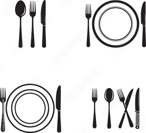 Table setting illustrations with various utensils and plates