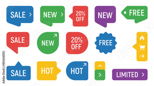 Collection of colorful sale and promotional labels on a clean background