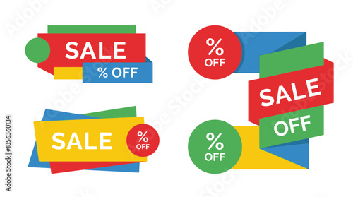 A collection of colorful sale banners and discount labels arranged in a visually appealing flat lay on a clean white background