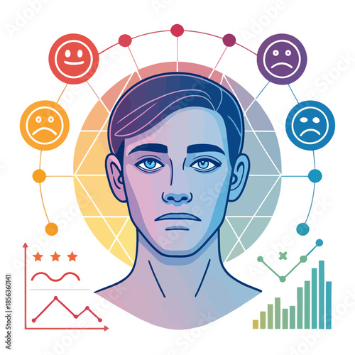 A futuristic illustration of a man with various emotions and graphs surrounding him