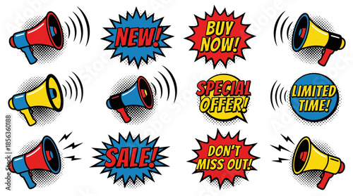 Vibrant Megaphones and Promotional Graphics Illustrating Sales and Limited Time Offers