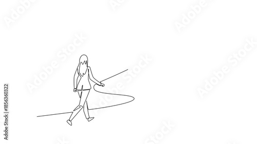 Animated self drawing of woman follows a winding arrow road in single line draw. National Productive Business Civility Day with a business, collaborative progress toward goals. Full length animation