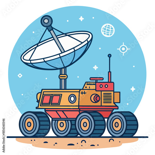 A cartoon illustration of a robotic rover on a distant planet with a satellite dish