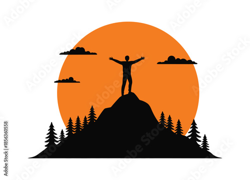 A man stands on a mountain peak with arms outstretched in triumph against a vibrant orange sunset silhouette