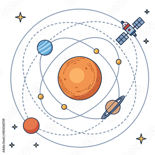A vibrant illustration of the solar system with planets orbiting the sun