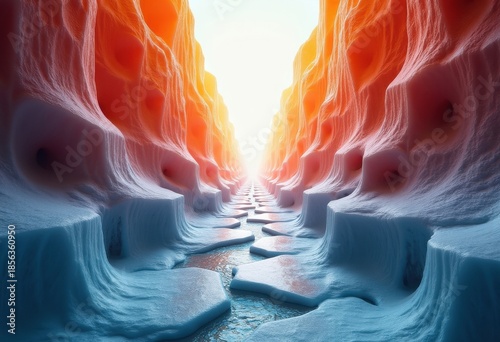 Vibrant Sheet of Frozen Textures Cracked in Geometric Design Artistic Ice Crevice Exposing Multiple Shades