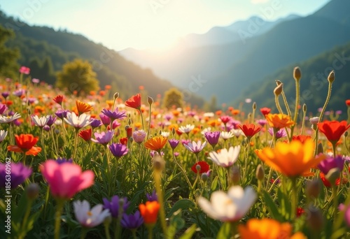 Vibrant Wildflowers Burst Across Spring Meadow Radiating Color Exuberance Under Sunlit Sky