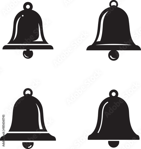 Four black bell icons in different orientations on white background