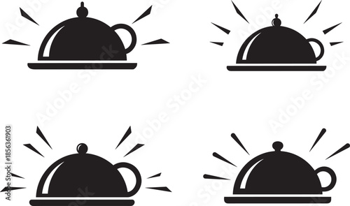 Silhouette illustrations of four cloak covered dishes with steam rising