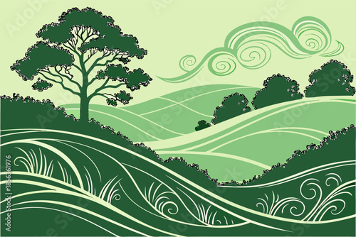 Stylized green landscape illustration featuring undulating hills, decorative trees, and ornate swirling patterns against a soft sky, evoking a serene natural vista