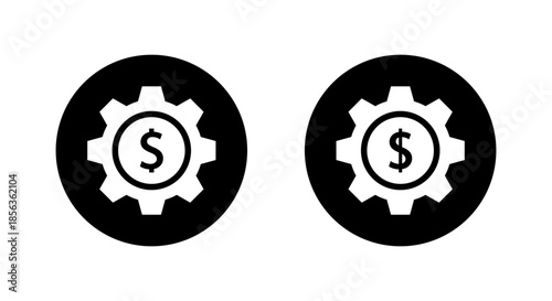 Money gear icon in black circle. Financial settings, cost management, and business system symbol