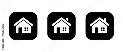 House, home icon set in black square. Real estate, residence, and property symbol