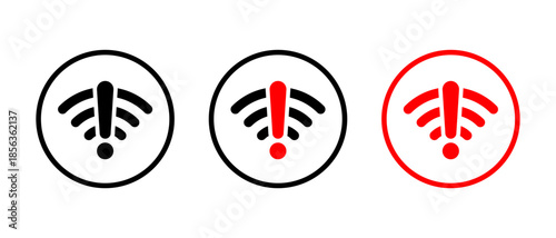 Wifi warning icon in circular outline. Internet connection alert and network problem symbol