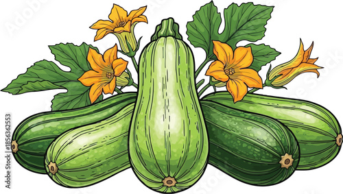 Vibrant green zucchinis with bright yellow flowers on black background