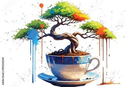 Vibrant bonsai tree grows in colorful teacup with dripping paint