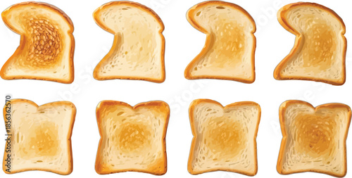Toast slices in various orientations on black background
