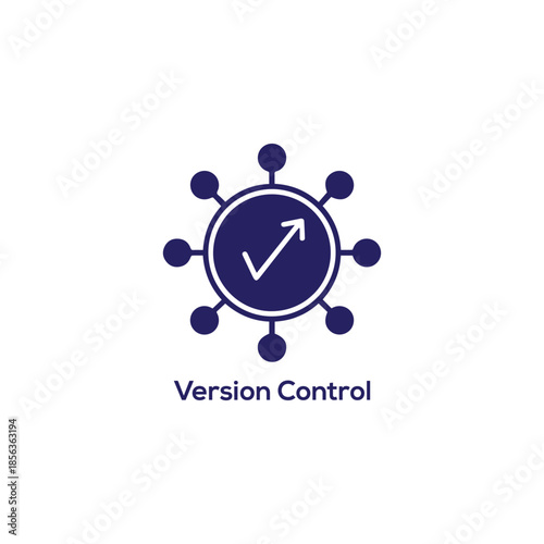Version Control DevOps Icon with Circular Nodes and Check Arrow, Source Code Management Symbol, Flat Minimal Vector Illustration Design

