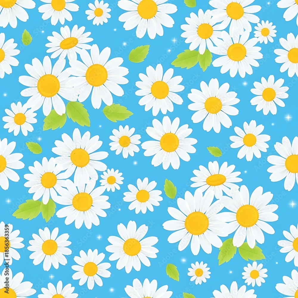 Obraz premium Floral pattern of white daisies with yellow centers on a bright blue background