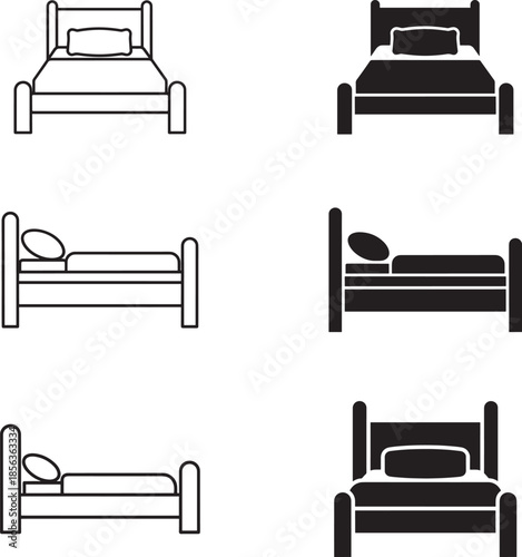 Minimalist solid black and line art illustrations of different bed styles and perspectives