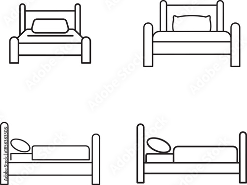 Four different views of a bed with pillow and frame in line art style