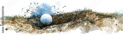 A watercolor illustration of a golf ball in a sand trap, surrounded by splashes of color and textures representing grass and soil.