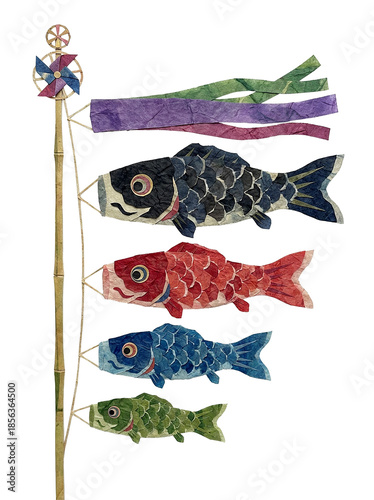 Japanese Koinobori Carp Streamers Illustration in Washi Paper Style
