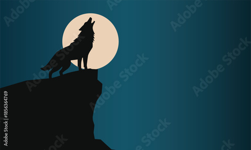 A wolf stands on a rocky outcropping and howls at the full moon in silhouette
