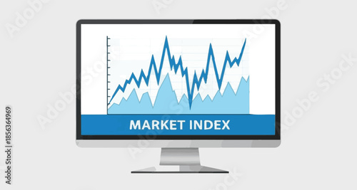 Digital display of a fluctuating market index chart on a modern computer monitor, representing financial growth and economic trends for investment analysis and corporate strategy