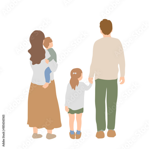 後ろ姿の家族イラスト｜親子で並ぶ日常のワンシーン
