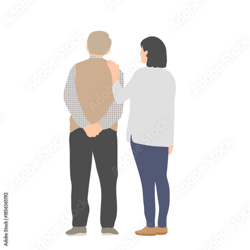高齢者と寄り添う人の後ろ姿