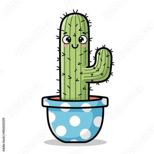 A cheerful and friendly cartoon cactus with a smiling face and tiny pink cheeks stands in a vibrant blue polka dot pot, perfect for whimsical designs.