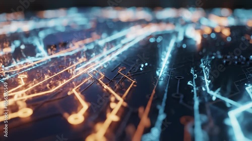 Closeup of a circuit board with glowing blue and orange lights on its surface with microchips