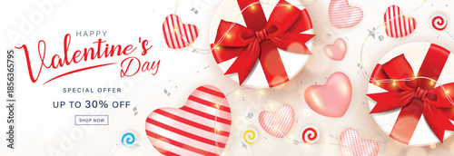 3d Festive Valentine’s Day Promotional Banner Featuring Hearts, Gift Boxes, Candy, and Confetti for Seasonal Sale