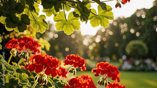 Vibrant red geranium flowers in a lush green garden with sunlight shining through the leaves