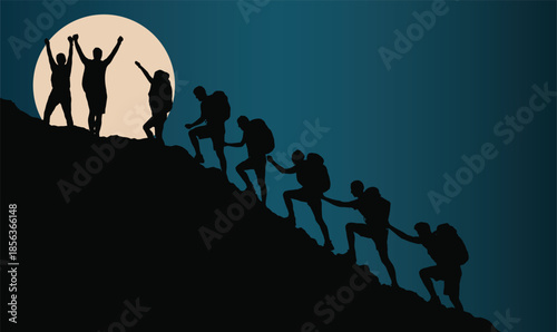 Silhouette of hikers climbing mountain under full moon night sky, teamwork support and triumphant achievement